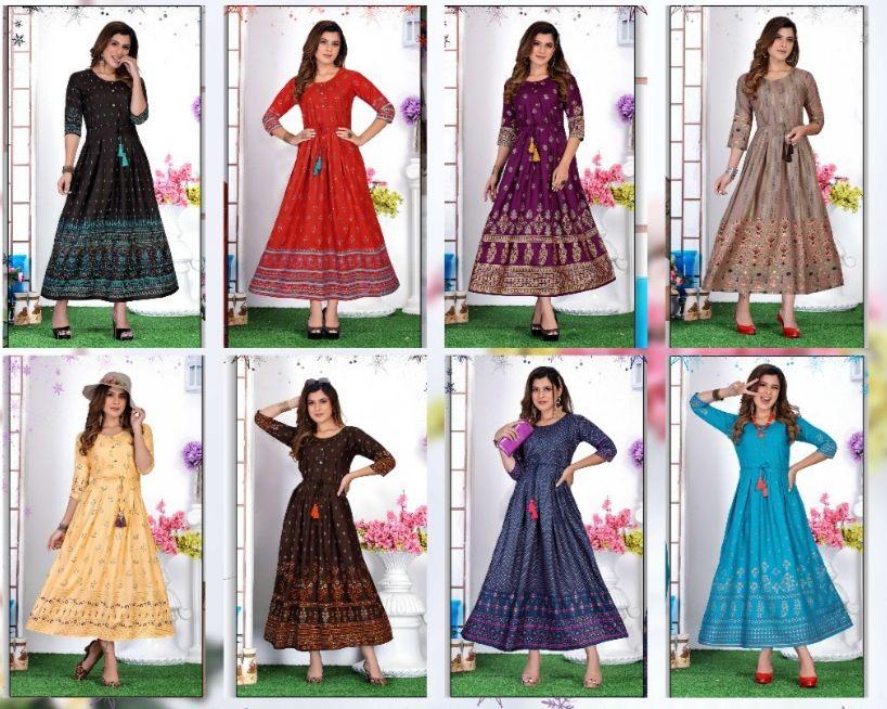 Golden Albeli New Printed Designer Fancy Wear Long Anarkali Kurti Collection